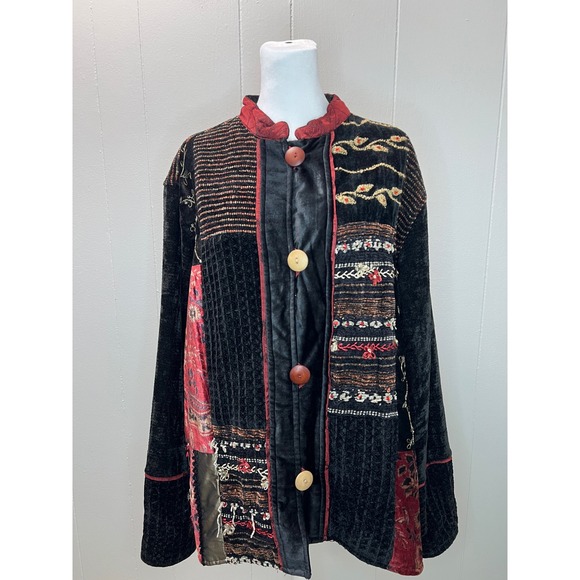 Flashback Velvet Patchwork‎ Jacket Embroidered Button Up Bohemian Large - Picture 1 of 9